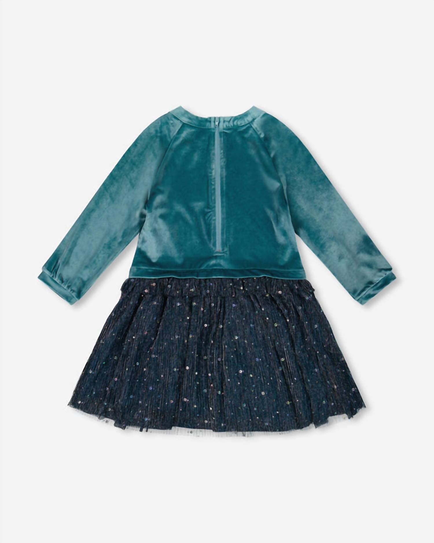 Deux Par Deux - Girl's Bi-material Velvet And Pleated Mesh Dress