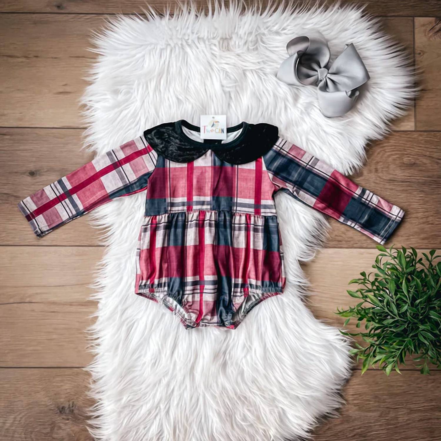 Twocan - Infant Christmas Plaid & Velvet Romper