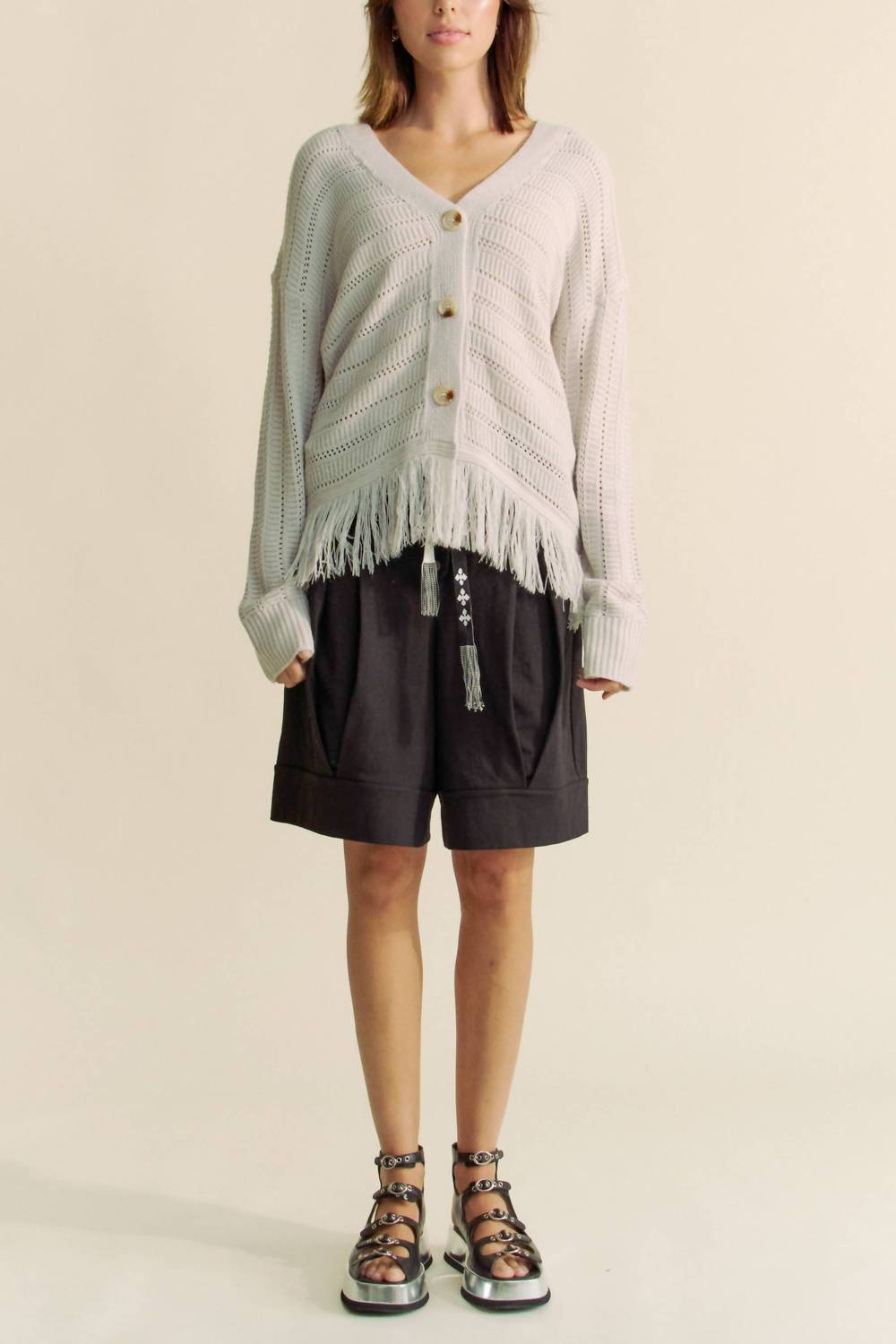 DAVI & DANI Fringed Stripe Knit Cardigan in silver grey - women's cardigan