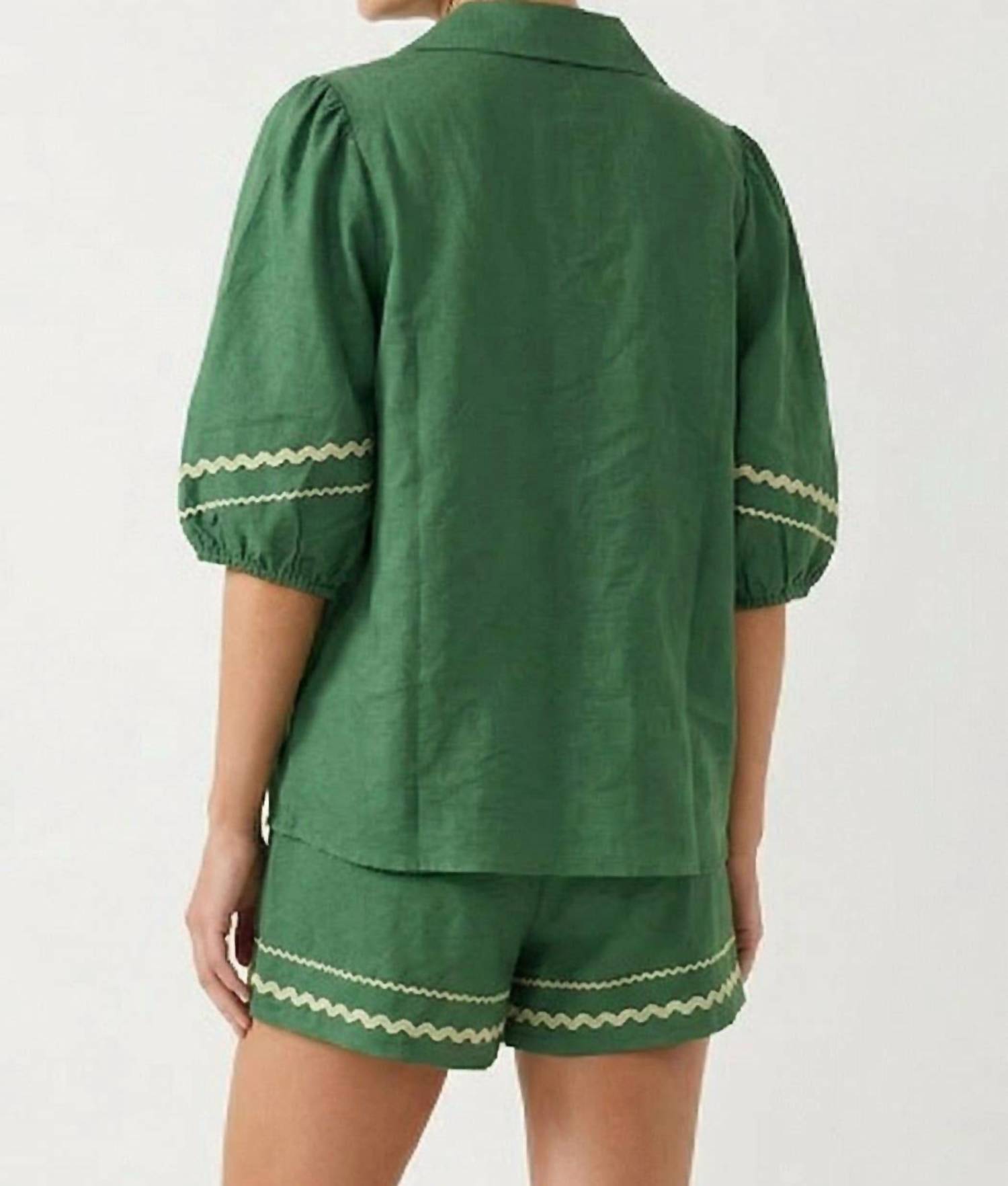 Naked Zebra - Contrast Trim Puff Sleeve Linen Blouse