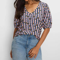 Nic + Zoe - Elbow Sleeve Reef Stripe V-neck Tee