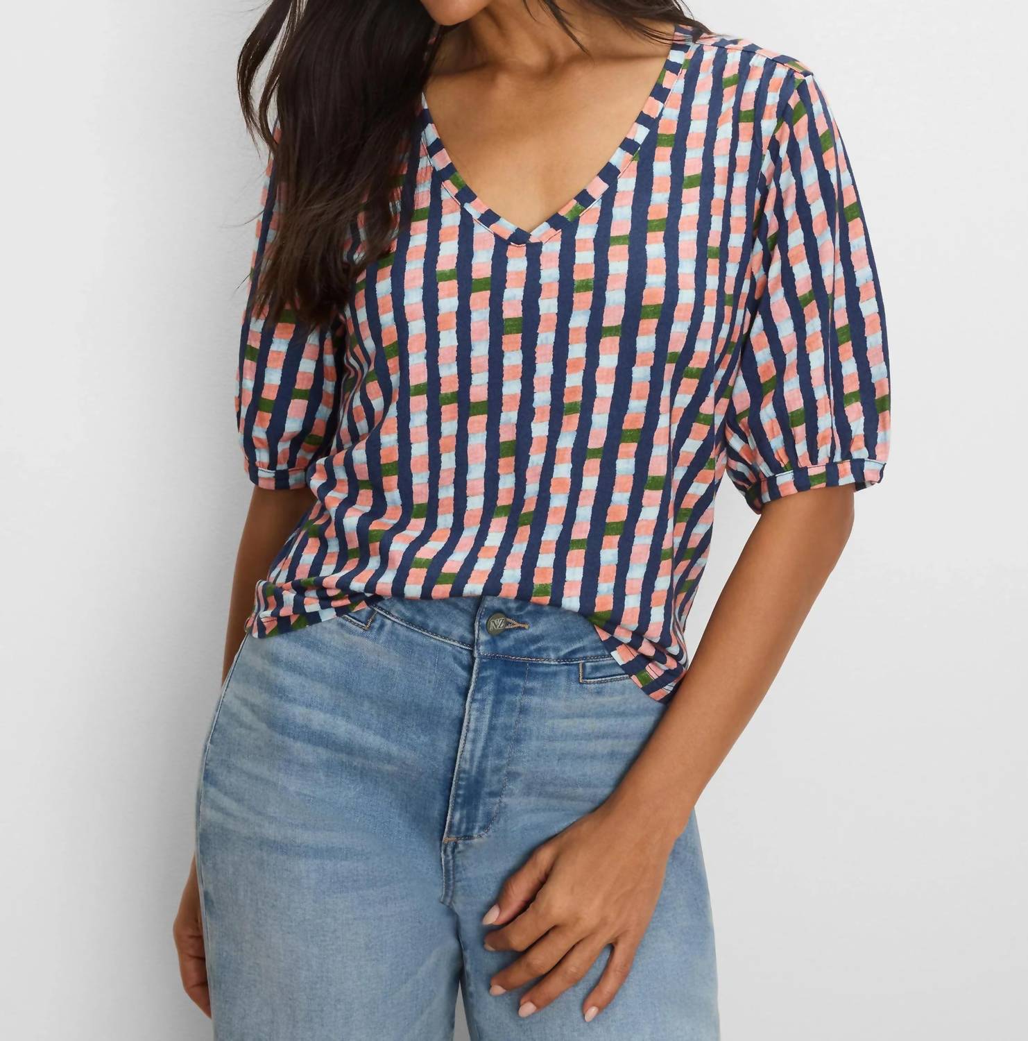 Nic + Zoe - Elbow Sleeve Reef Stripe V-neck Tee