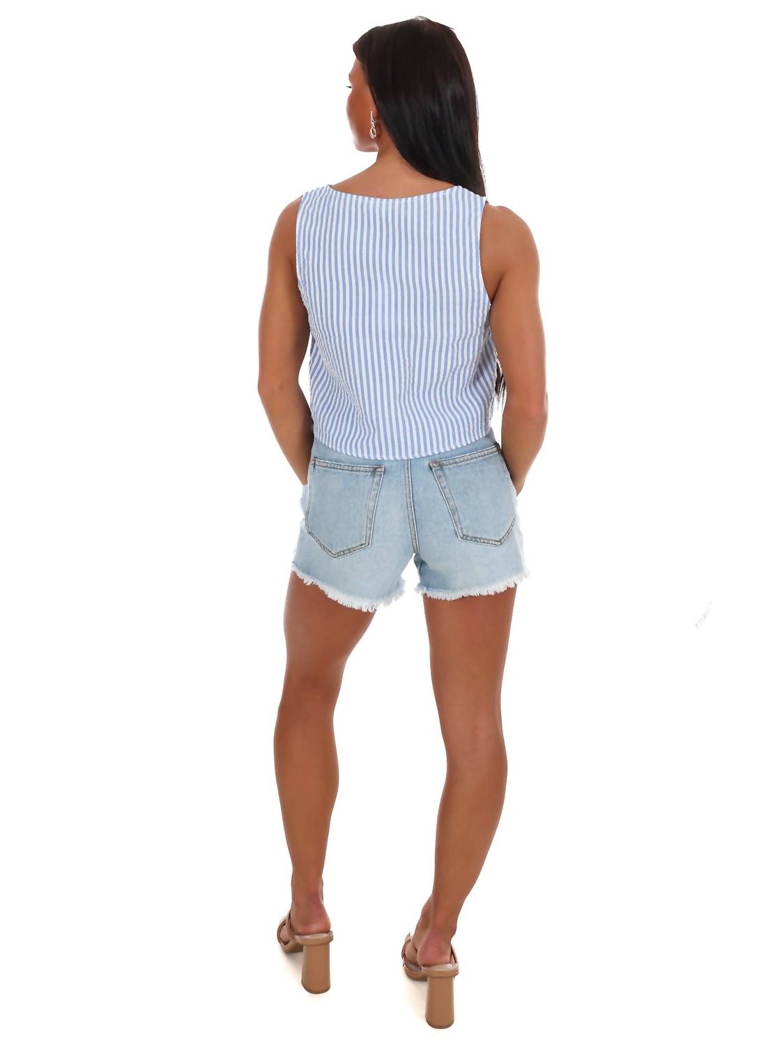 day + moon Sugar Stripe Bow Crop Top in light blue - women's shirt - detail view