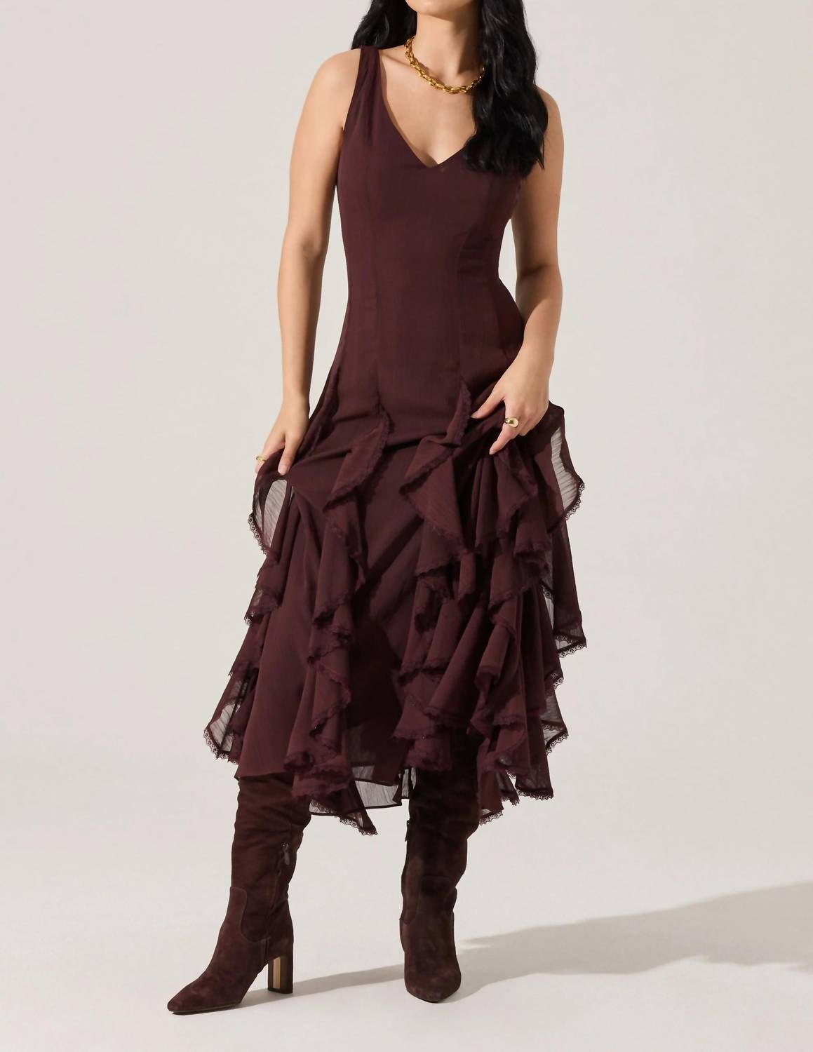 Astr - Philomene V-neck Ruffle Trim Dress