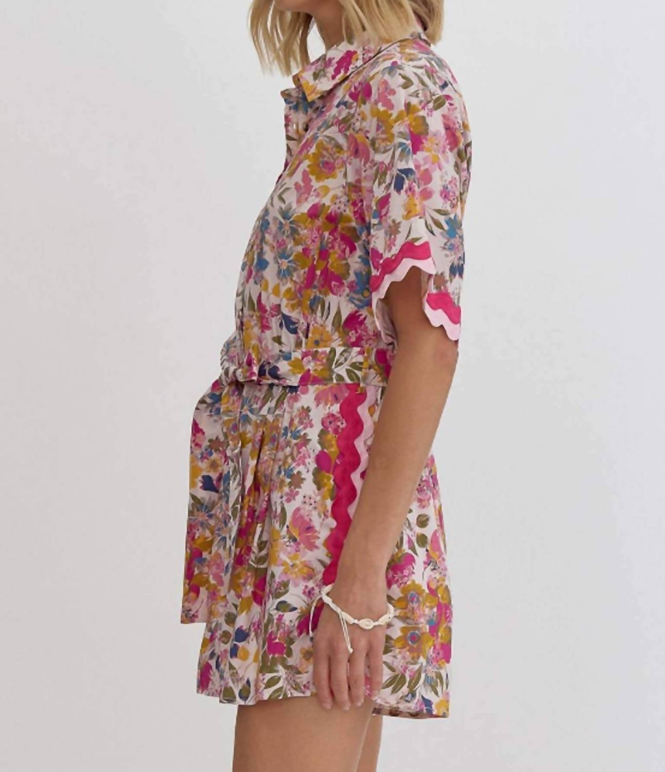 entro Floral Ric Rac Trim Romper in pink - women's pants - alternate view
