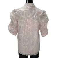 Ciebon - Women's Metallic Striped Puff Sleeves Button Top