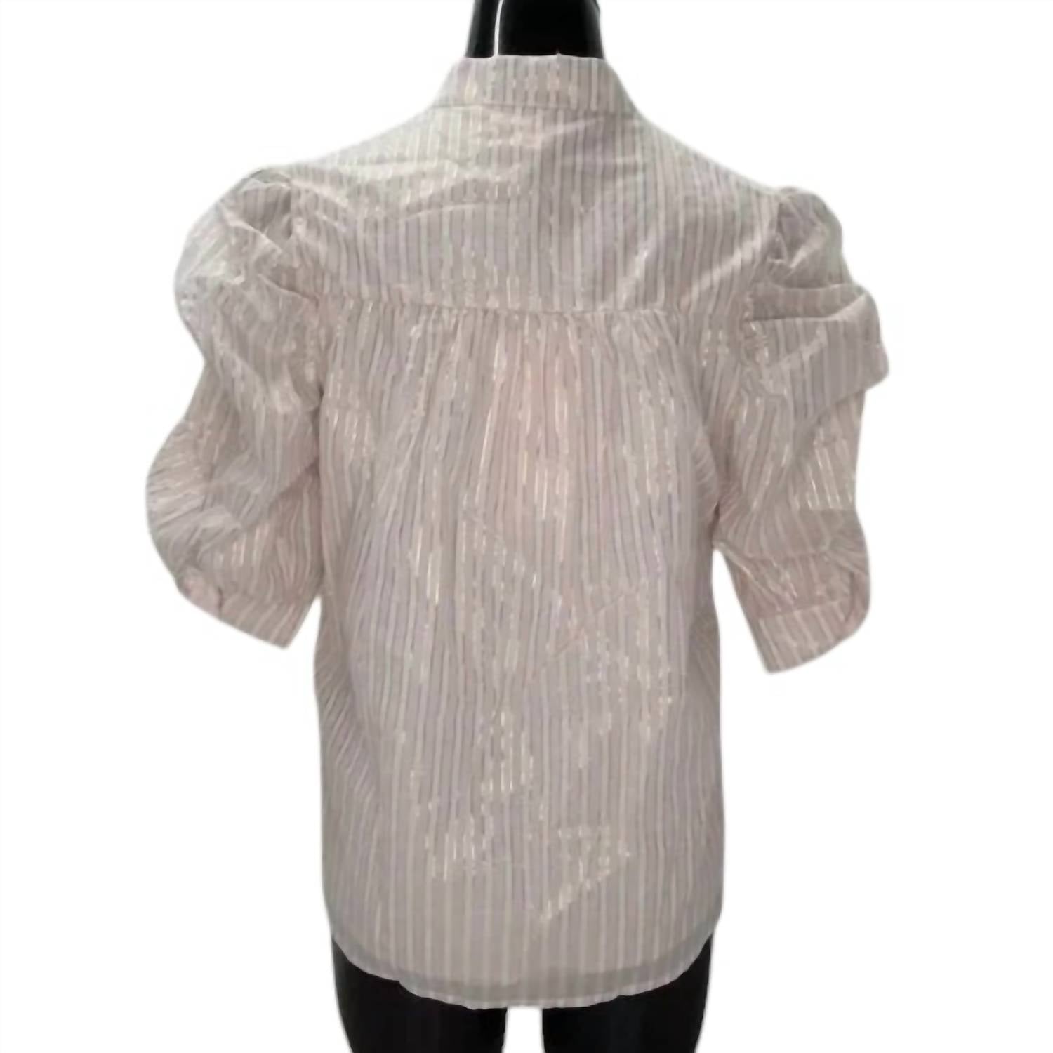 Ciebon - Women's Metallic Striped Puff Sleeves Button Top