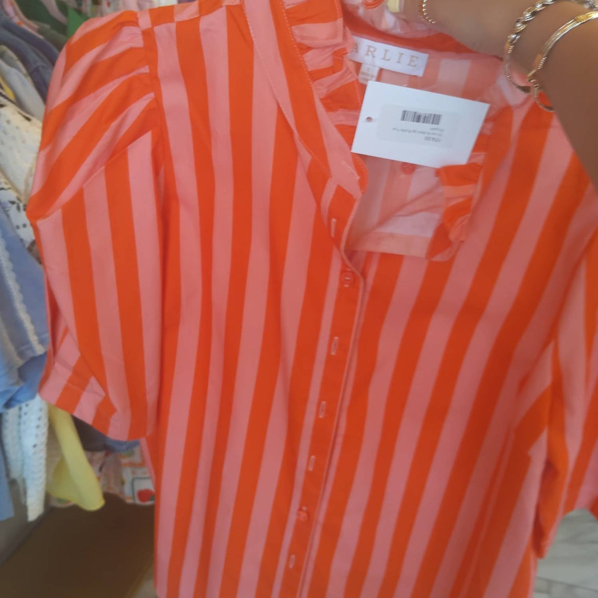 Karlie - Stripe Button Up Ruffle Top