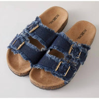 Roxoni Women's Double Buckle Frayed Cork Sandals in dark blue - women's sandal