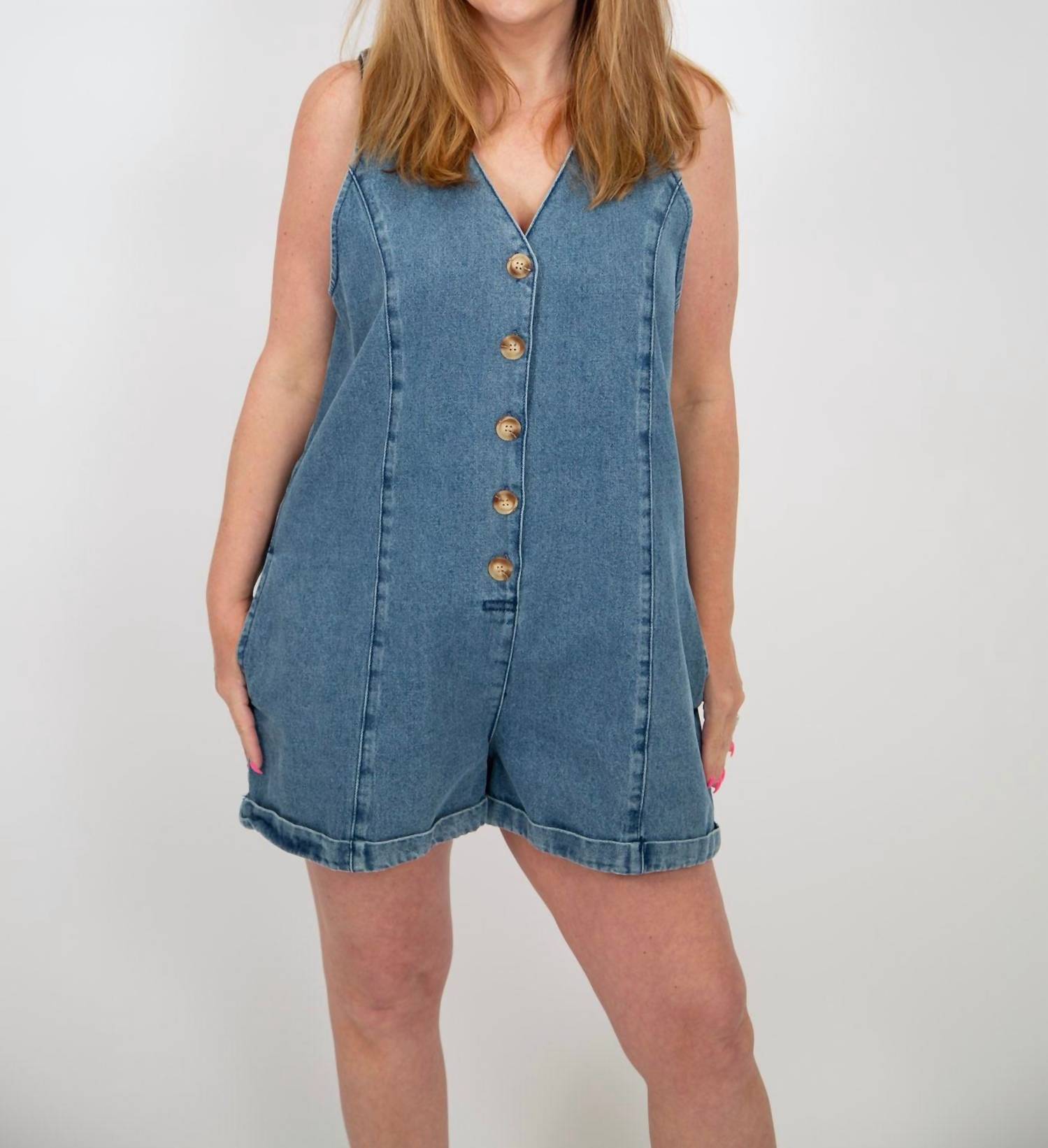 Miou Muse - Button Front Denim Romper
