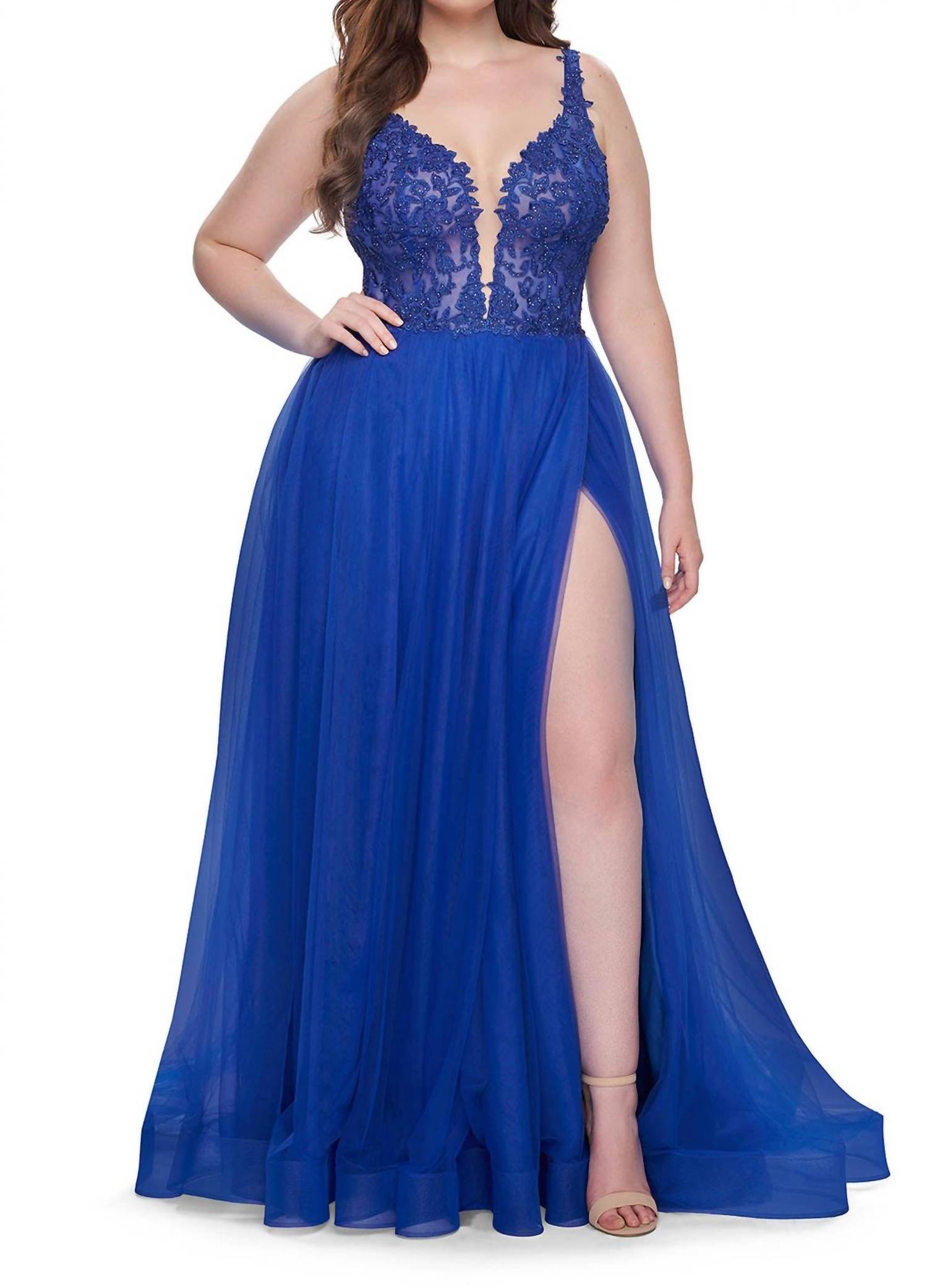 La Femme - Lace Embroidered Plunging V-neckline A-line Gown
