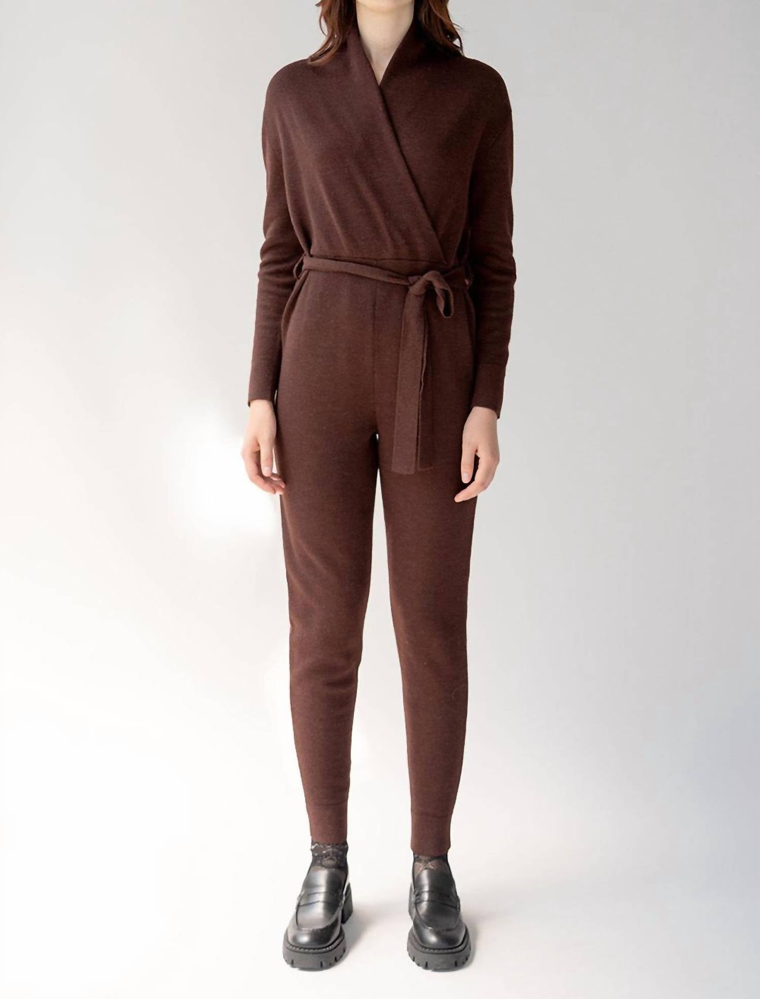 SSKEIN Wrap Neck Jumpsuit in mahogany 1 - women's pants