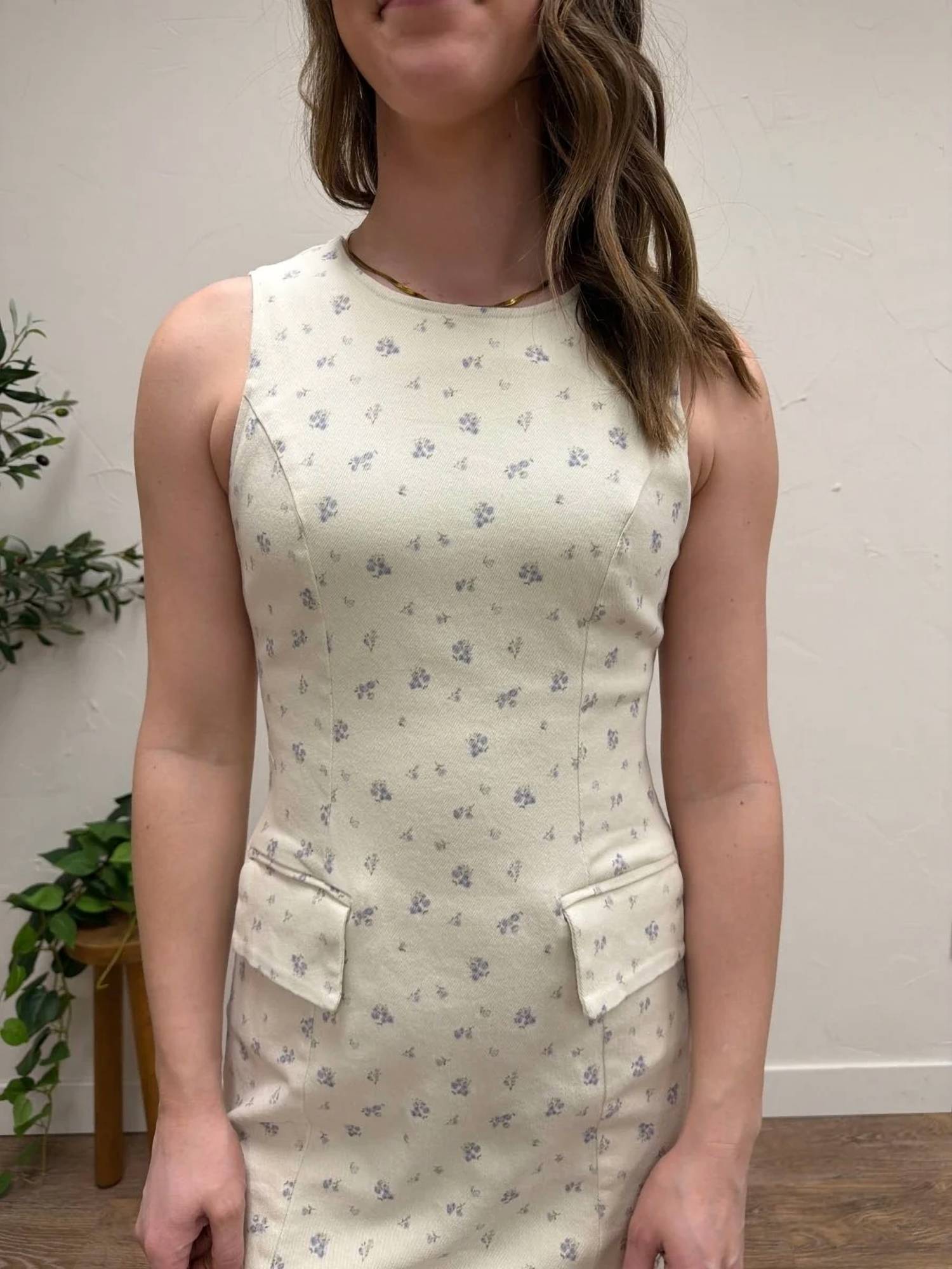 Sunday Edition - Boat Neck Sleeveless Ditsy Print Twill Mini Dress