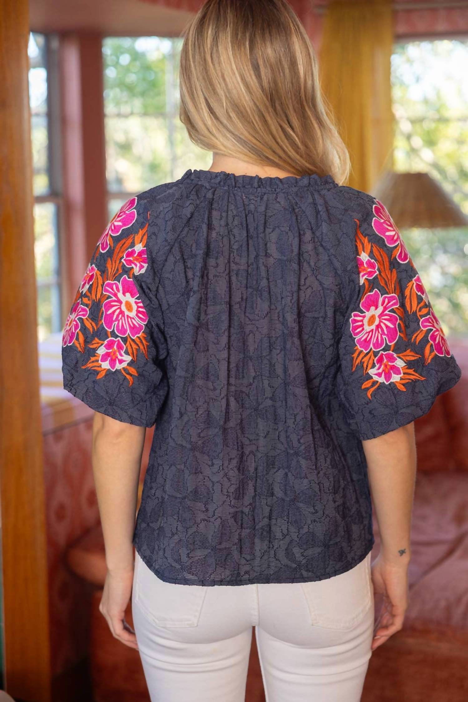 Voy - Embroidered Raglan Sleeve Floral Textured Top