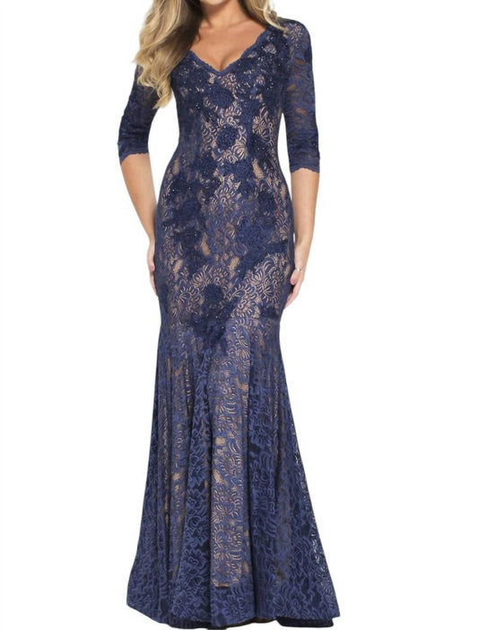 Jovani - V Neck Embroidered Lace Evening Dress