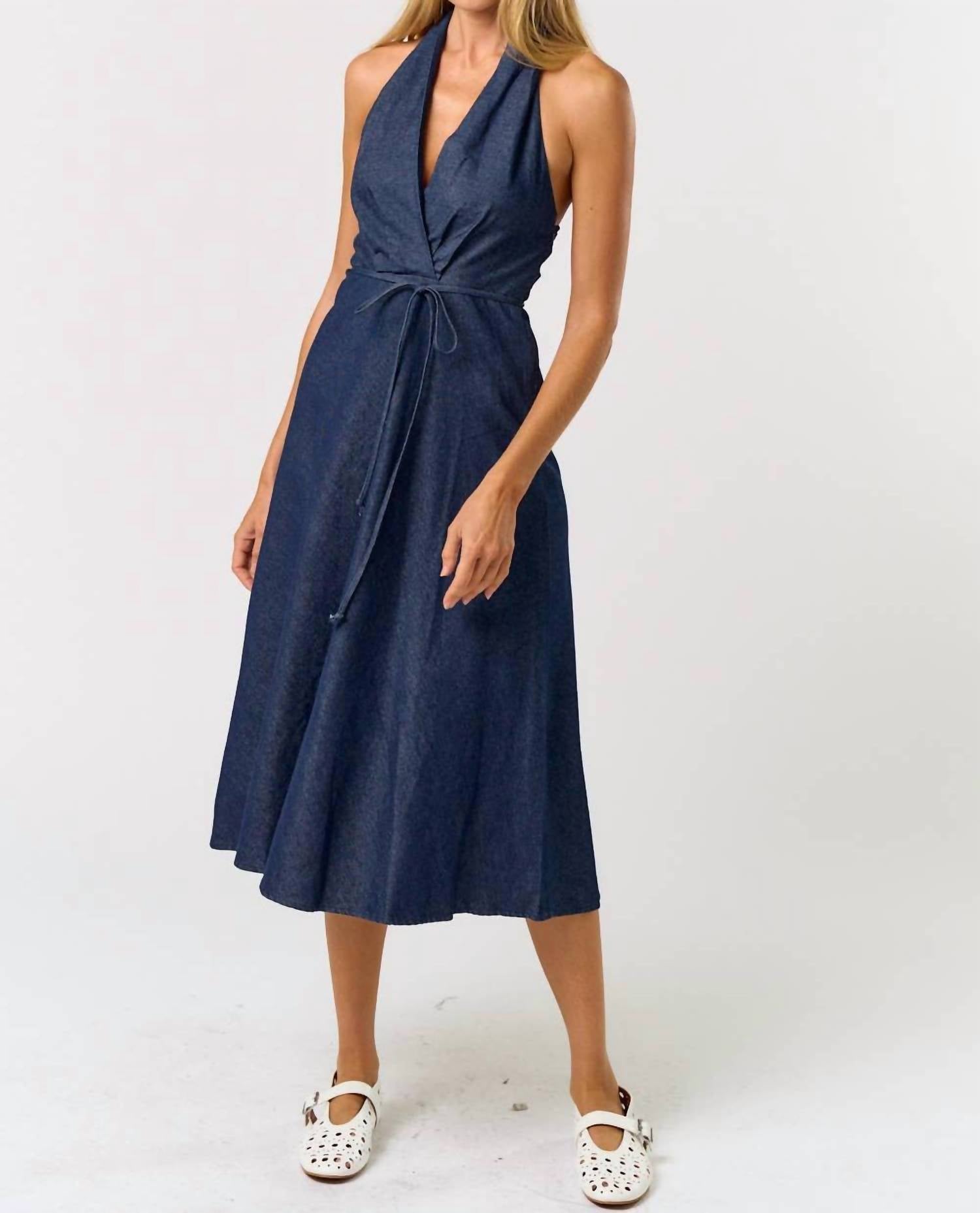 lalavon Halter Neck Denim Maxi Dress in indigo - women's dress - view 4