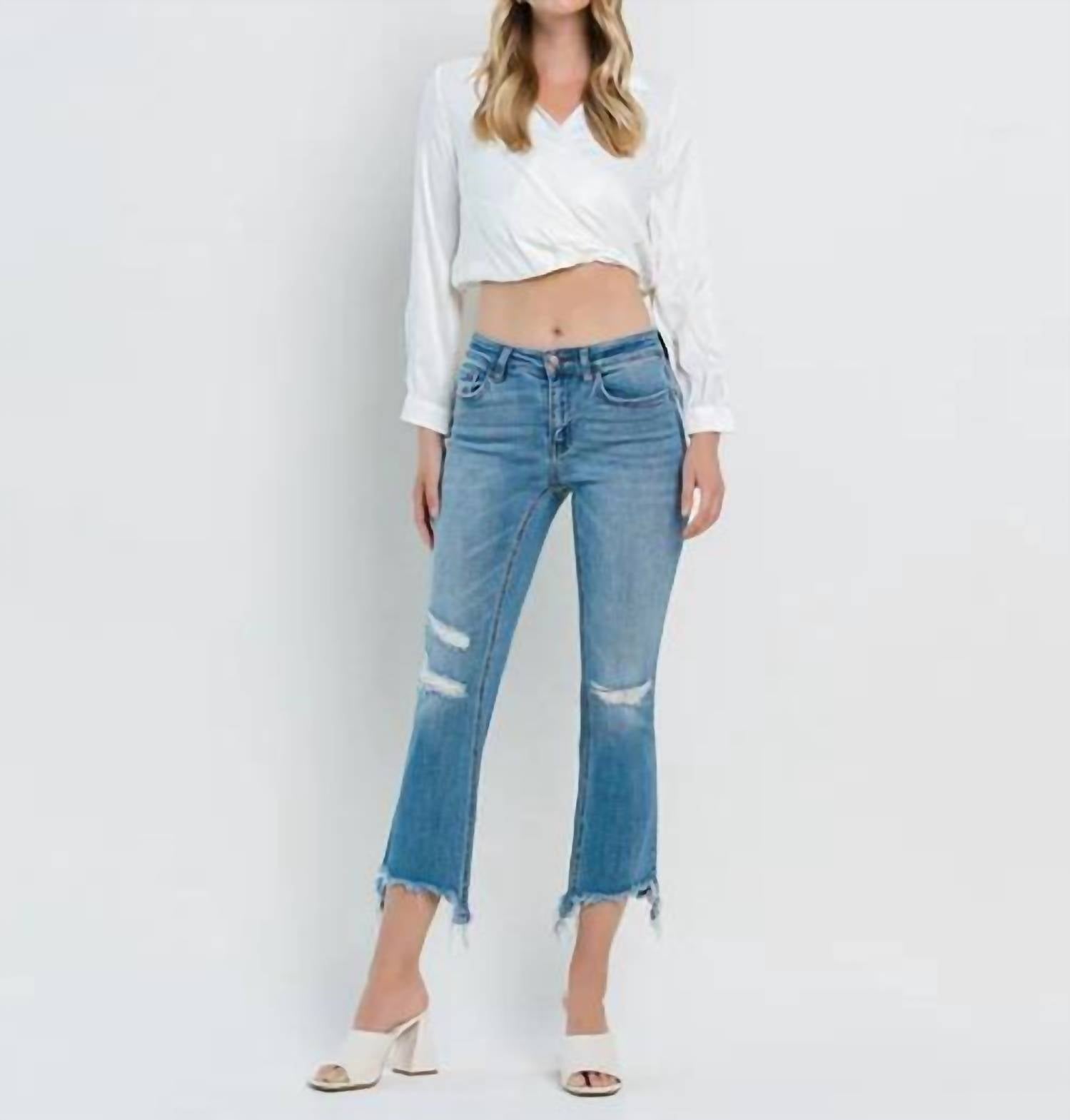 Flying Monkey - Bletilla Mid Rise Cropped Flare Denim Jeans
