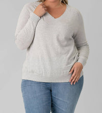 Minnie Rose - Cotton Cashmere Distressed Long Lseeve V-neck Sweater - Plus