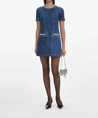 Self-Portrait - Denim Crystal Trim Mini Dress