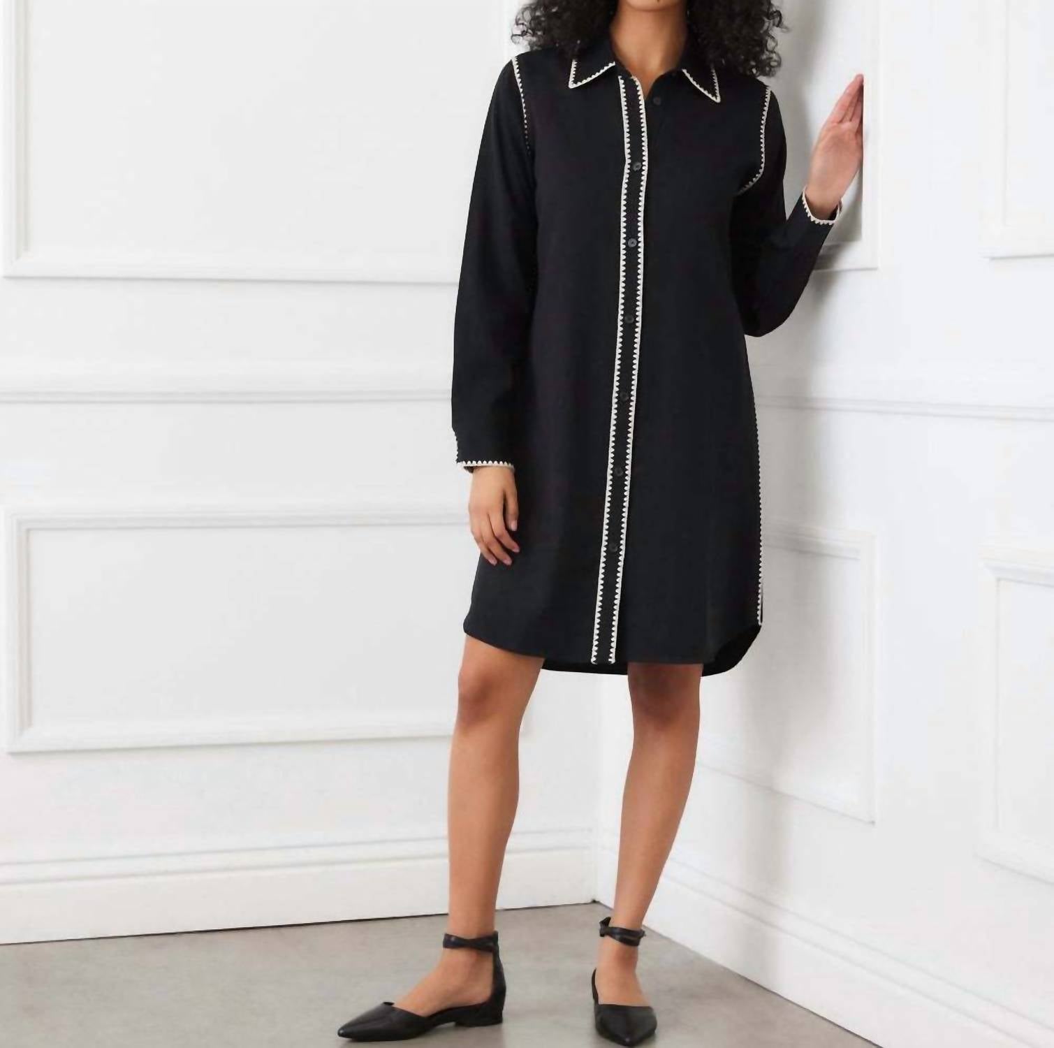 Karen Kane Long Sleeve Edge Stitch Shirtdress in black with antique cream - women's dress - view 5