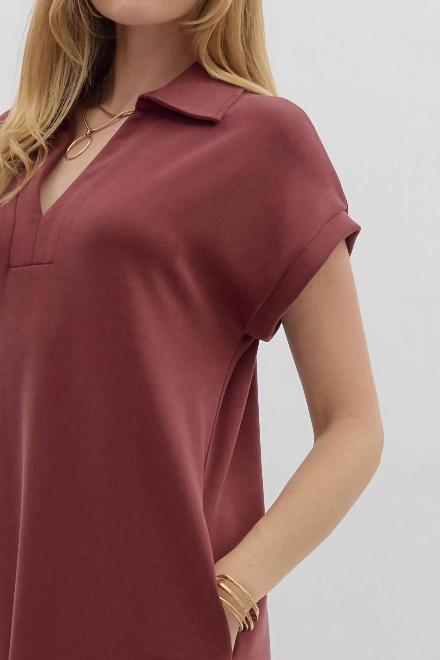 Entro - Solid Split Collar Midi Dress