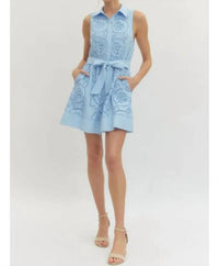 entro Floral Lace Overlay And Self Tie Belt Mini Dress in light blue - women's dress