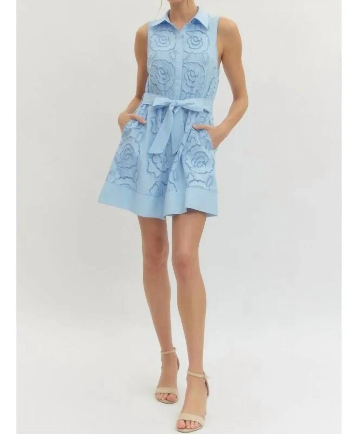 entro Floral Lace Overlay And Self Tie Belt Mini Dress in light blue - women's dress