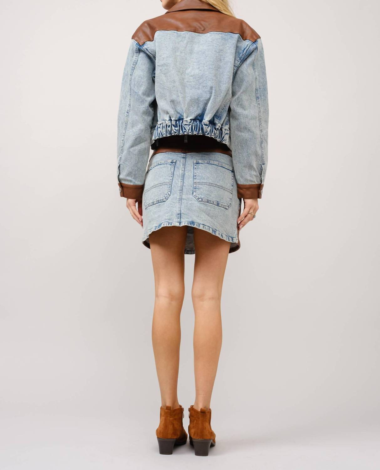 Blue B - Faux Leather Color Block Denim Jacket