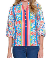 Multiples Coastal Mosaic Puff Sleeve Top in multi - women's blouse
