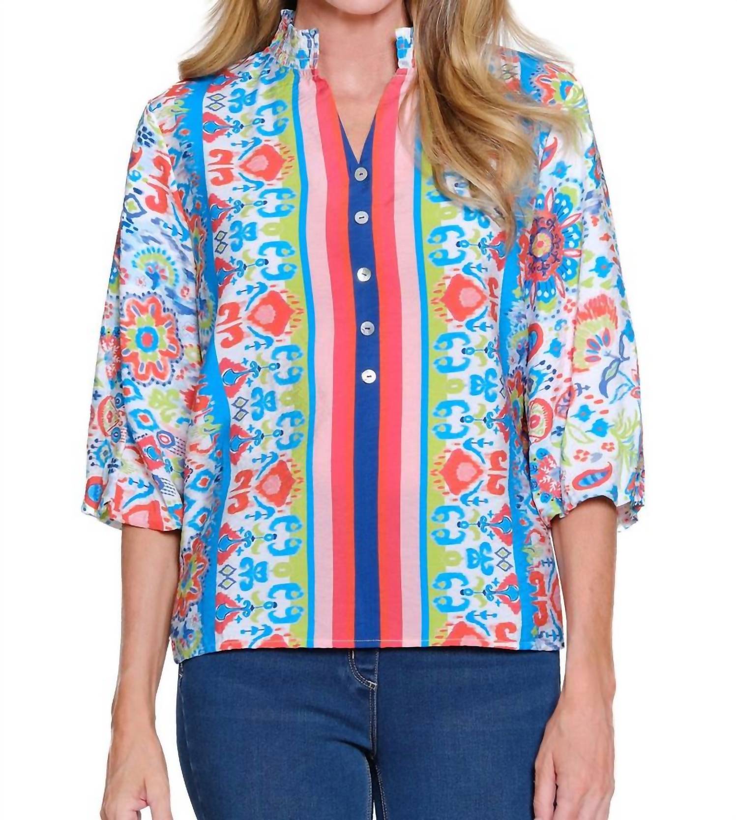 Multiples Coastal Mosaic Puff Sleeve Top in multi - women's blouse