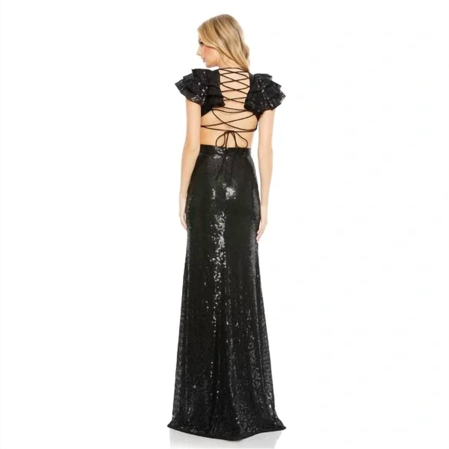 Mac Duggal - Sequin Ruffled Cut Out Lace Up Gown