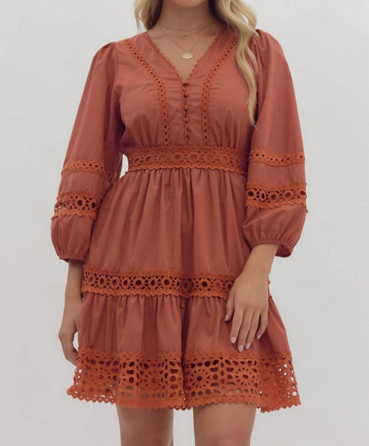 Entro - Rust Lace Inset Smocked Waist Short Dress