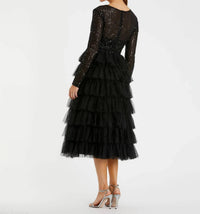 Mac Duggal - Long Sleeve Ruffle Tiered Midi Dress
