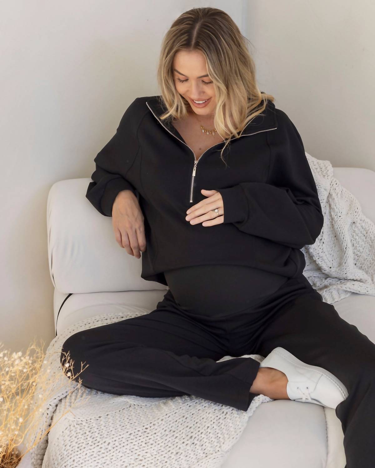 Angel Maternity Quarter Zip Pullover Top in black - women's long sleeve top - alternate view