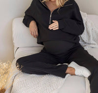 Angel Maternity Quarter Zip Pullover Top in black - women's long sleeve top - detail view
