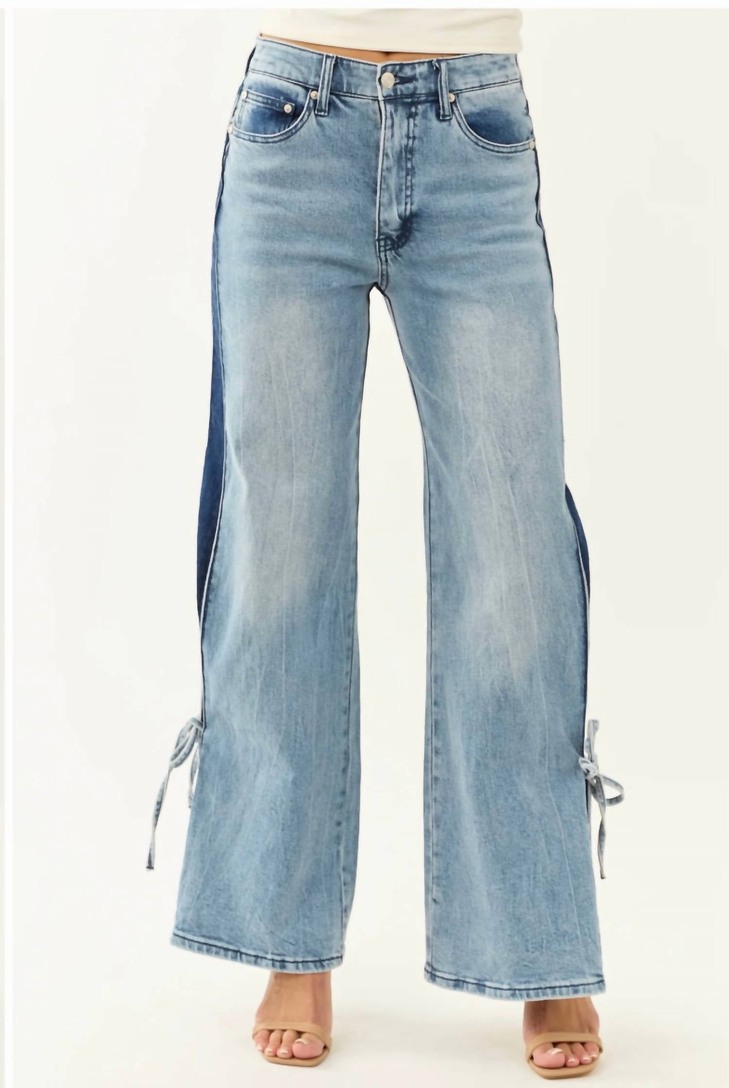 Saige Denim Chic Contrast Wide Leg With Ribbon Tie Pants in blue - women's pants