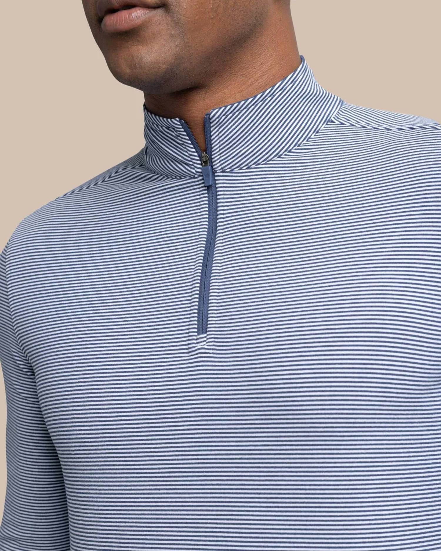 SOUTHERN TIDE Cruiser Micro Stripe Quarter Zip Top in heather navy - men's long sleeve top - view 4