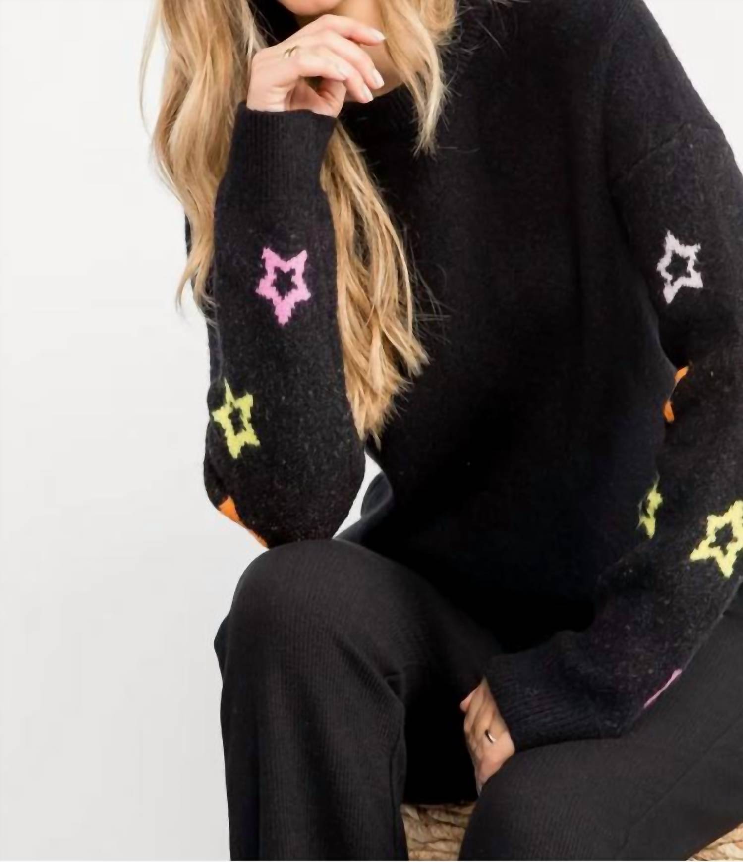 THML Star Sleeve Knit Crewneck in black - women's sweater - alternate view