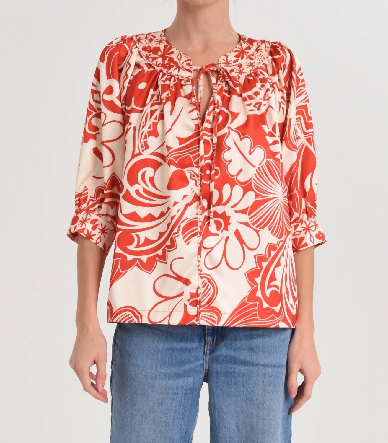 CIEBON Katari Engineered Floral Top in red multi - women's blouse - alternate view