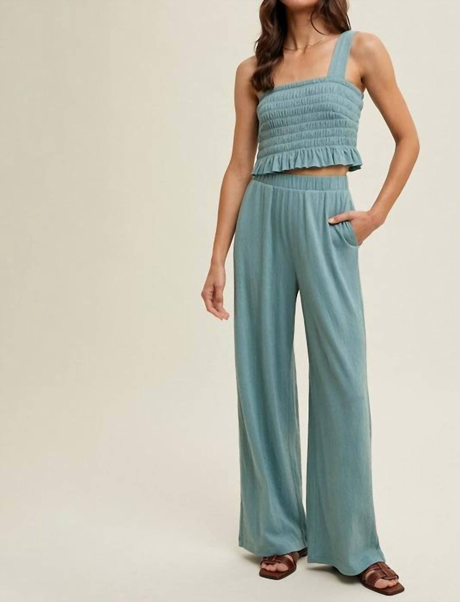 WISHLIST Crinkle Knit Top And Pants Set in dark sage - women's sleepwear