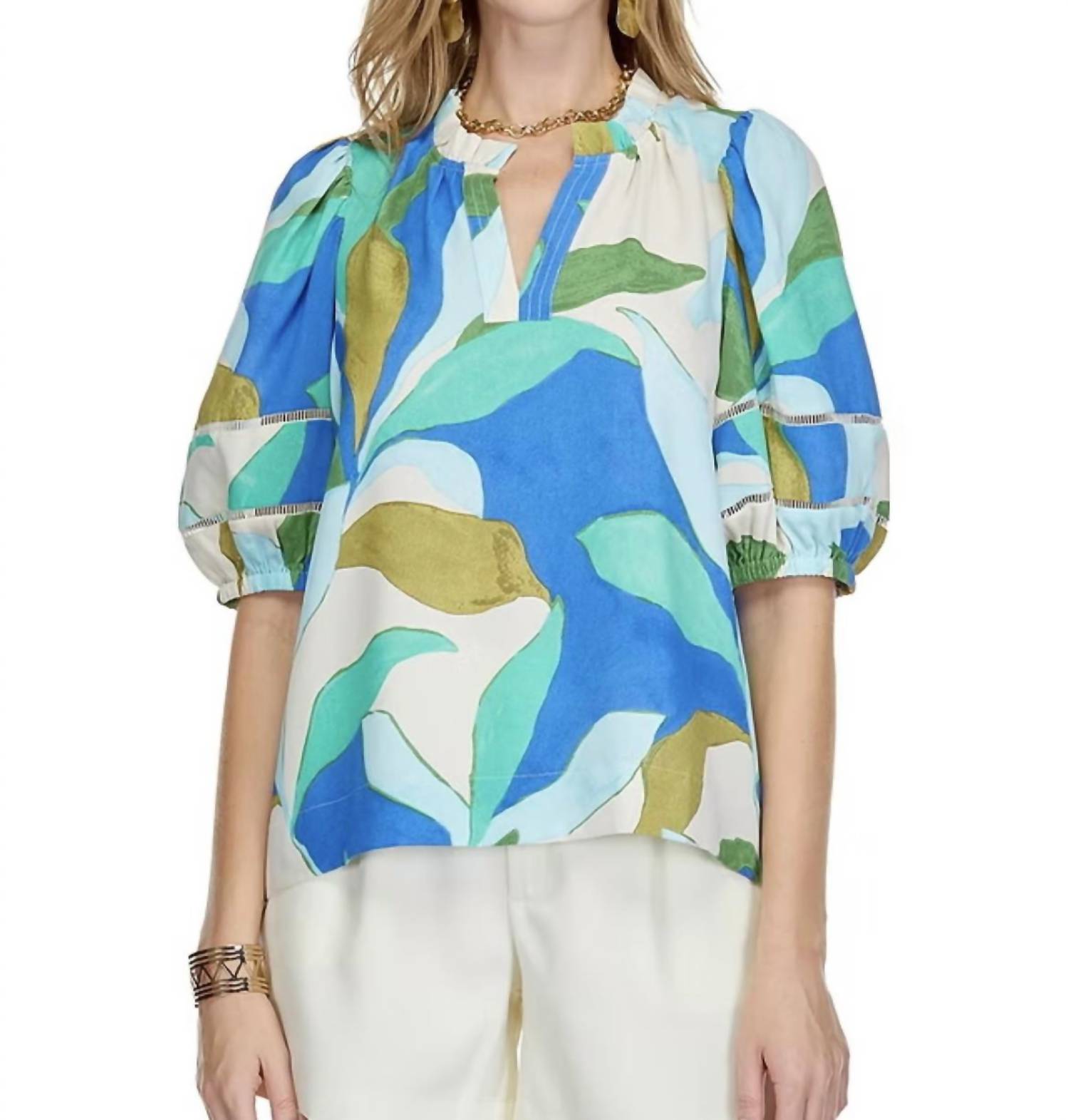 Jade Tropical Placket top in tropical leaves - women's blouse