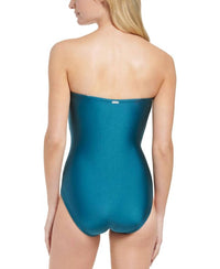 CALVIN KLEIN Shirred Tummy Control Split Cup Bandeau One Piece Swimsuit in cypress shimmer - women's swimwear - detail view