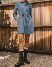 Skies Are Blue - Washed Denim Buttondown Shirt Dress