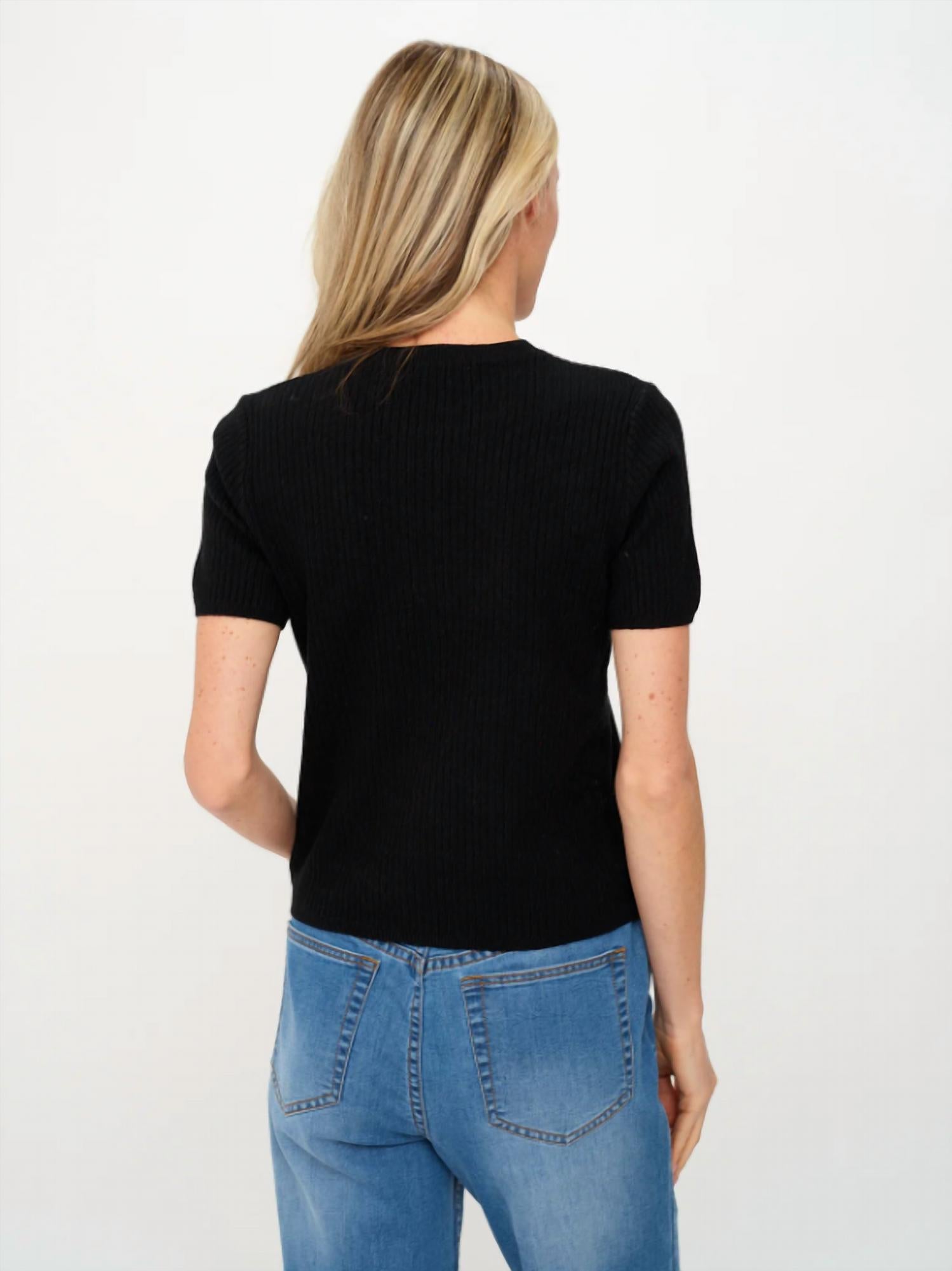 SIX/FIFTY Carsyn Ribbed Short Sleeve Sweater in black - women's sweater - detail view