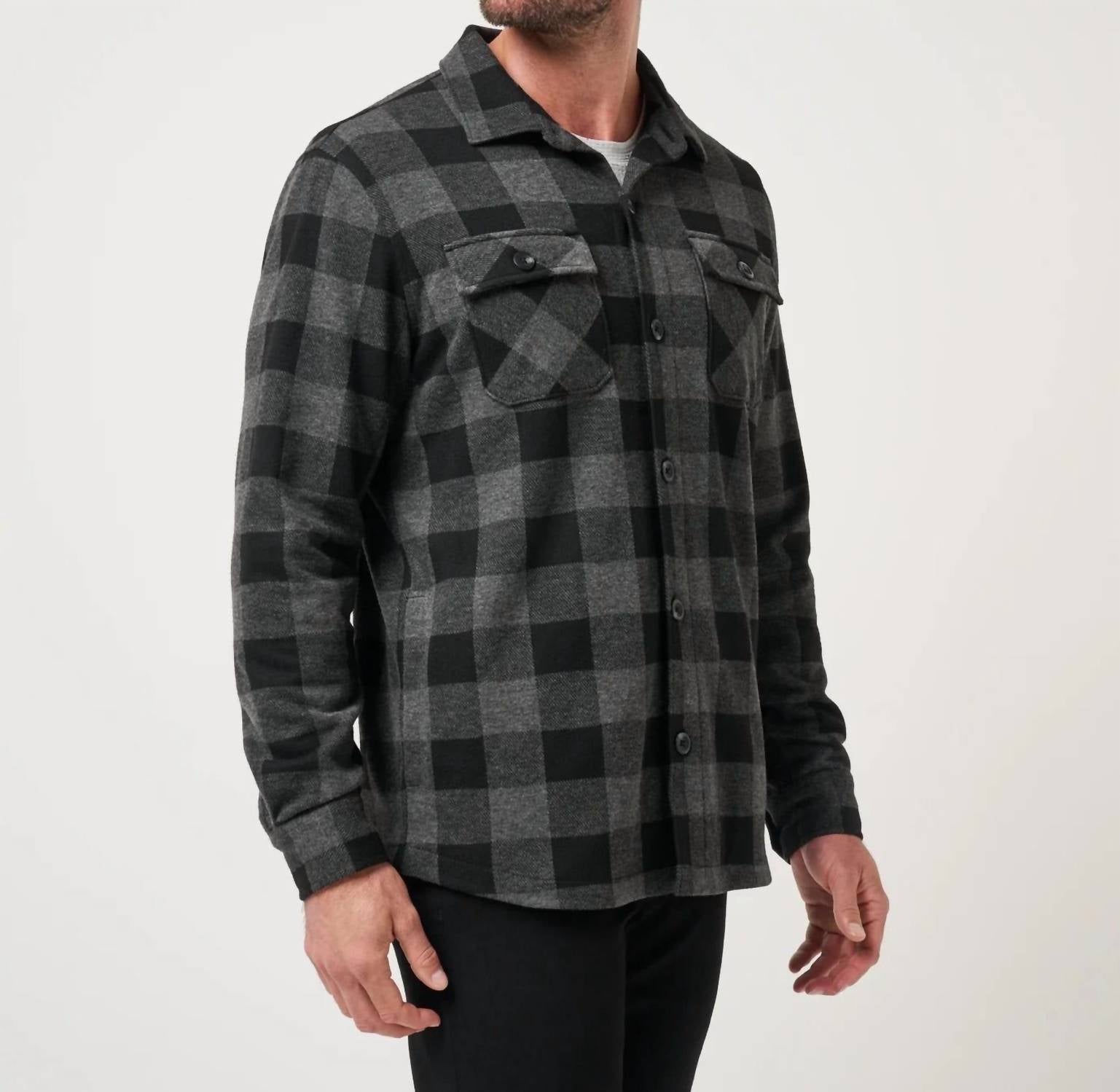 TravisMathew Return Flight Jacket in black grey - men's shirt - detail view