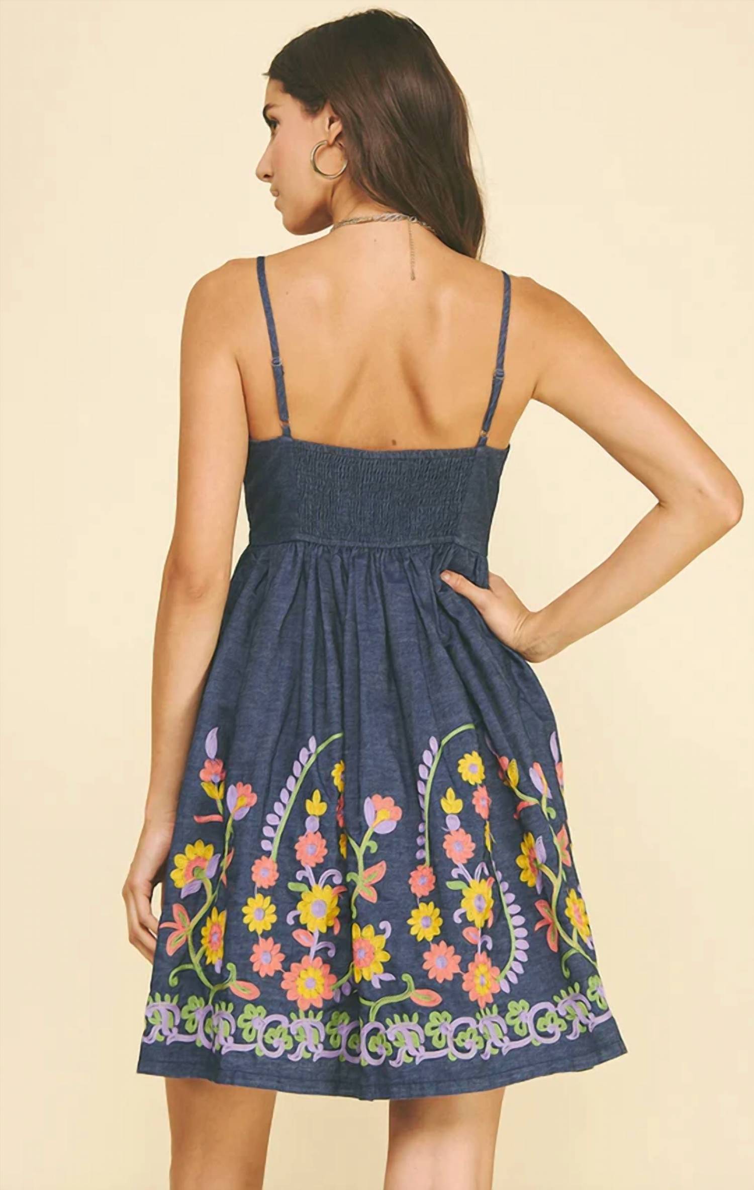 Pinch - Stitch Detail Embroidered Floral Mini Dress