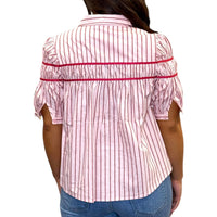 Karlie - Striped Elastic Knit Short Sleeve Button Down Top