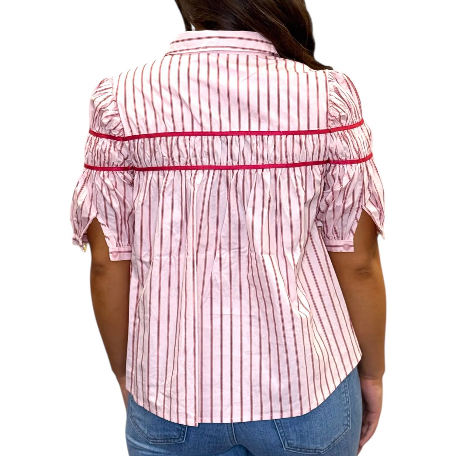 Karlie - Striped Elastic Knit Short Sleeve Button Down Top