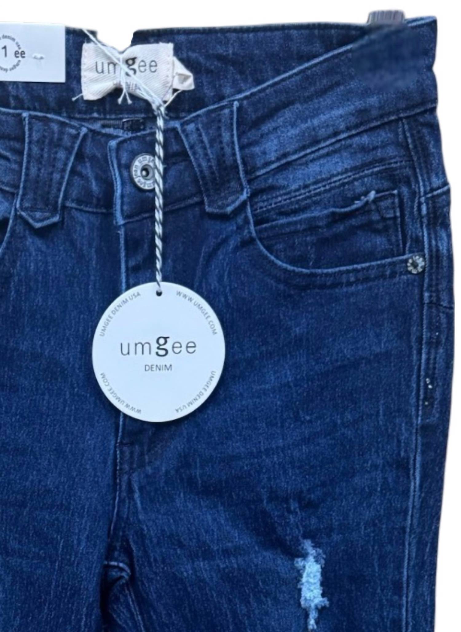 umgee Women's Distressed Skinny Jeans in dark blue - women's jeans - detail view