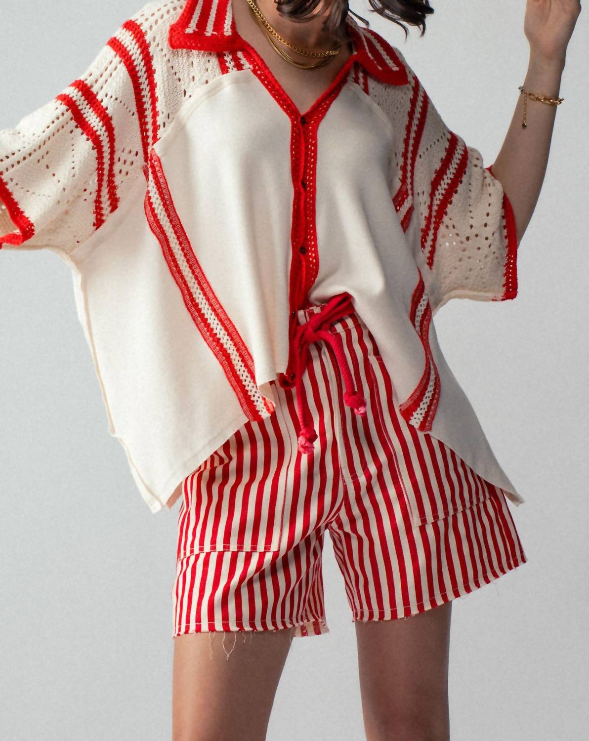 Urban Daizy Isla Crochet Knit Shirt in cream red - women's shirt - detail view